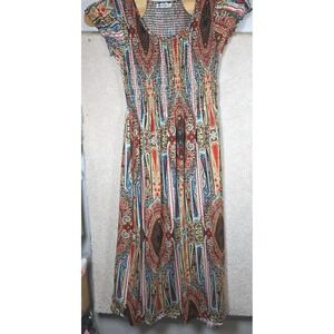 Lapogee Dress‎ Womens XL Red Blue Paisley Boho Maxi Smocked Chic Style Vintage